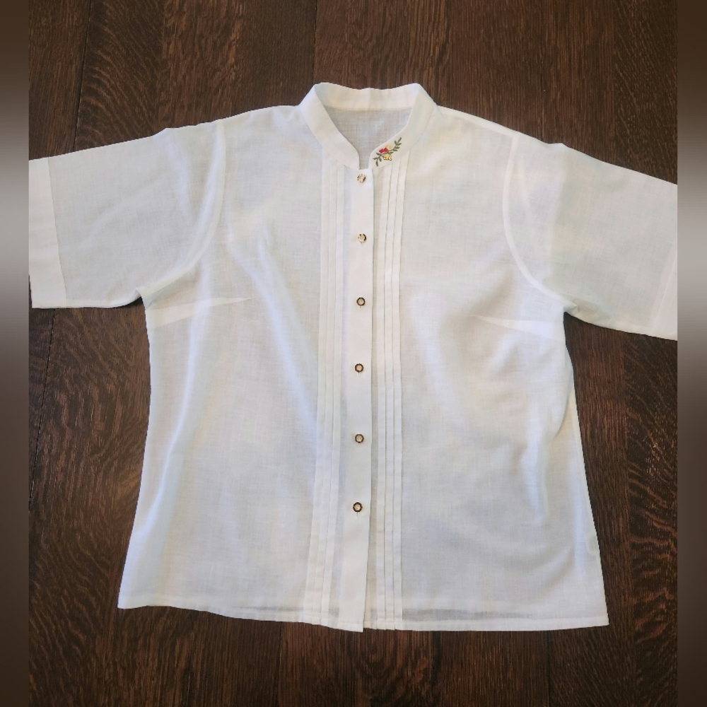 Authentic Austrian German Trachten Style Button Down White Ladies Blouse EUC $29